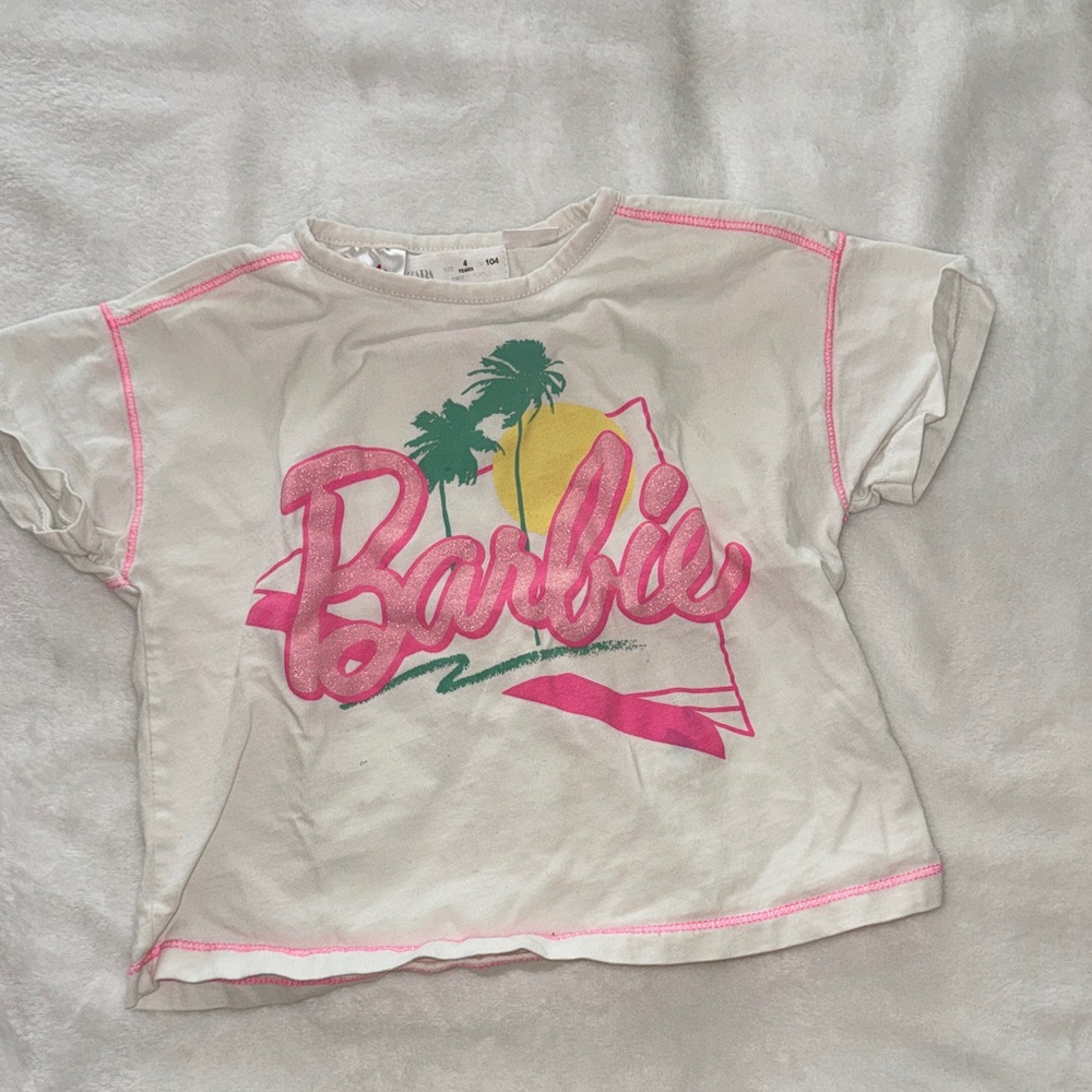 Zara White Tee with Pink Barbie Logo and Neon Trim
